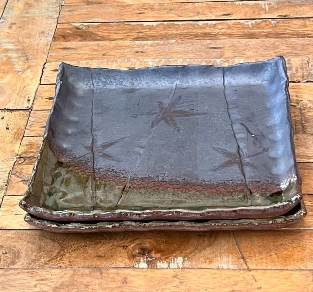 Japanese Ceramic Dish Set of 2 9.5" Square Handmade Earth Toned Impressed Leaves